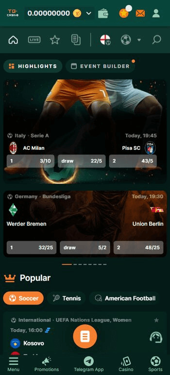 TG Casino Soccer Betting Odds