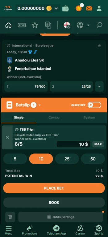 TG Casino Sports Betting Betslip