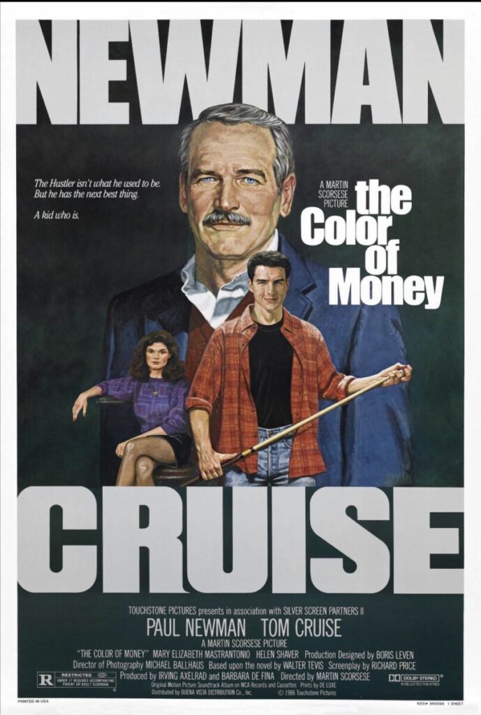 Illustrated poster with “Fast Eddie” Felson (Paul Newman) looming above Vincent Lauria (Tom Cruise) holding a pool cue, with Carmen (Mary Elizabeth Mastrantonio) seated.
