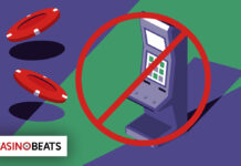 10 Times Online Casinos Got it Badly Wrong Illustration of a casino slot machine struck through with a red prohibition sign, flanked by red poker chips