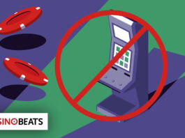 Illustration of a casino slot machine struck through with a red prohibition sign, flanked by red poker chips