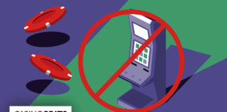 10 Times Online Casinos Got it Badly Wrong Illustration of a casino slot machine struck through with a red prohibition sign, flanked by red poker chips