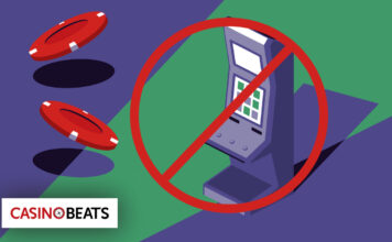 Illustration of a casino slot machine struck through with a red prohibition sign, flanked by red poker chips