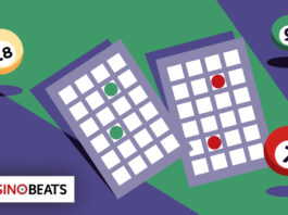 Illustrated bingo cards with numbered balls in a CasinoBeats-themed graphic