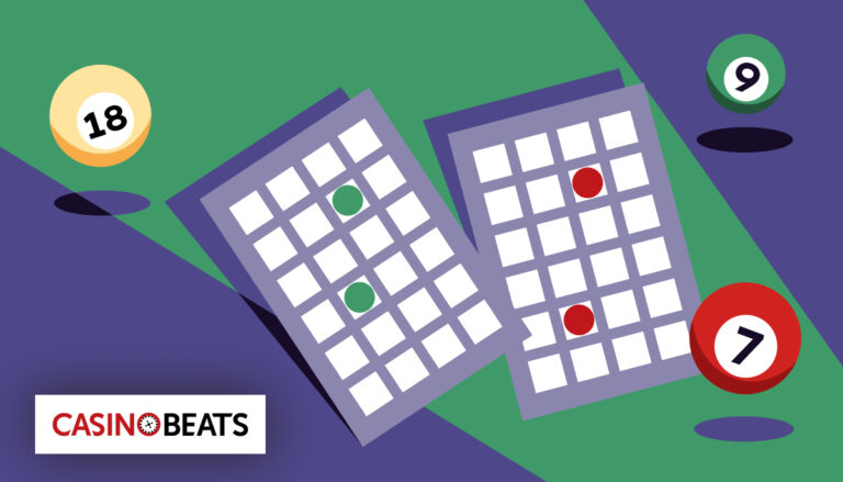 Illustrated bingo cards with numbered balls in a CasinoBeats-themed graphic