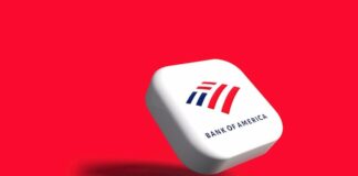 A white rounded square displaying the Bank of America logo floats against a solid red background, casting a soft shadow.