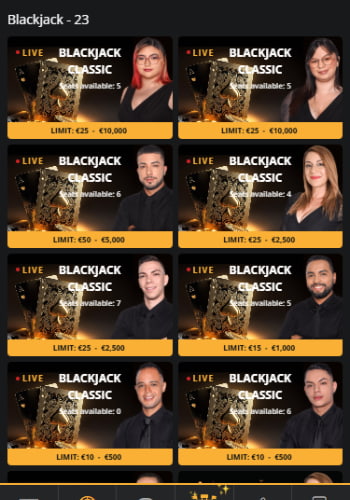 blackjack live tables