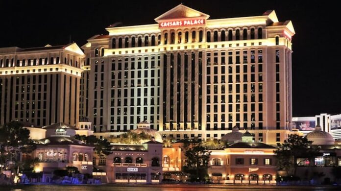 Exterior view of Caesars Palace in Las Vegas illuminated at night