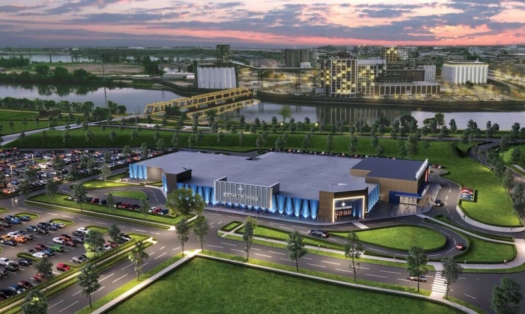 Rendering of the Cedar Crossing Casino exterior with parking lot and riverfront backdrop