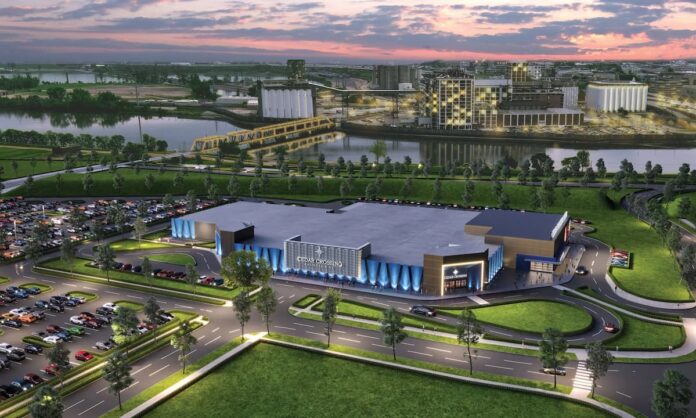 Cedar Crossing Casino Targets December 2026 Opening as Construction Advances in Cedar Rapids Rendering of the Cedar Crossing Casino exterior with parking lot and riverfront backdrop