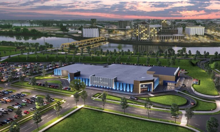 Rendering of the Cedar Crossing Casino exterior with parking lot and riverfront backdrop