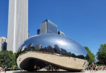 Cloud Gate sculpture in downtown Chicago with skyline buildings in the background