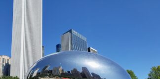 Cloud Gate sculpture in downtown Chicago with skyline buildings in the background