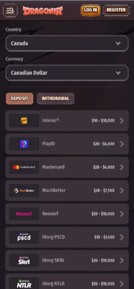dragonia casino payment methods