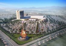 Aerial view of Hard Rock Casino Tejon with hotel tower and giant guitar sign