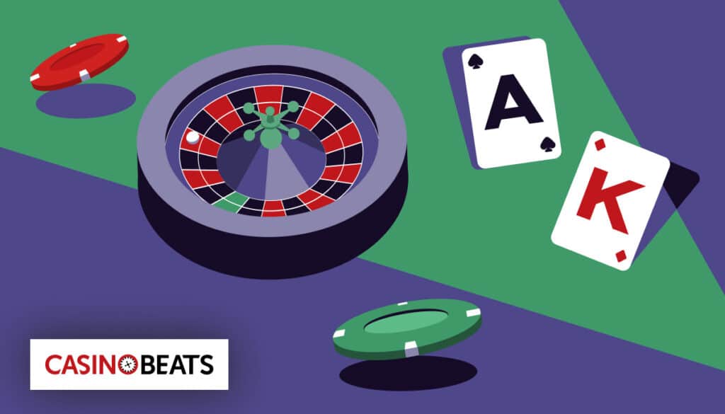 A stylized illustration features a roulette wheel, poker chips, and playing cards showing an Ace of Spades and King of Hearts