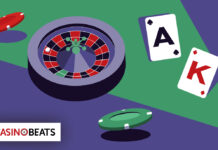 A stylized illustration features a roulette wheel, poker chips, and playing cards showing an Ace of Spades and King of Hearts