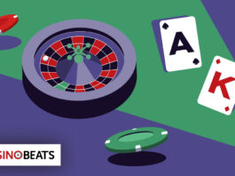 A stylized illustration features a roulette wheel, poker chips, and playing cards showing an Ace of Spades and King of Hearts