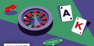 A stylized illustration features a roulette wheel, poker chips, and playing cards showing an Ace of Spades and King of Hearts