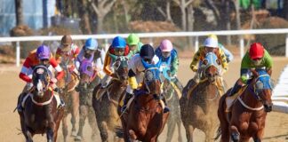 Jockeys and horses racing on a dirt track during a daytime horse-racing event.