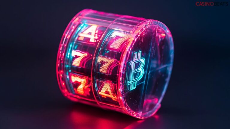 Slot reels with a Bitcoin logo that represents crypto slots sites