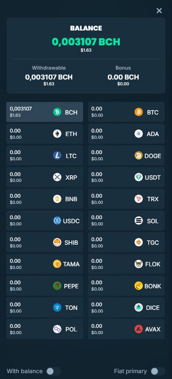 Mega Dice Bitcoin Cash casinos withdrawal and deposit methods available