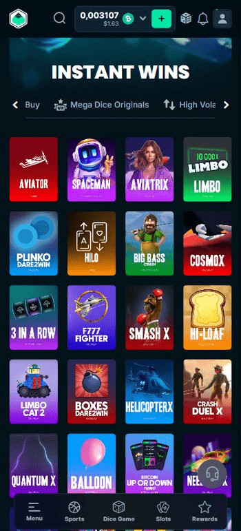 Megadice screnshot of games that you can play with Bitcoin Cash