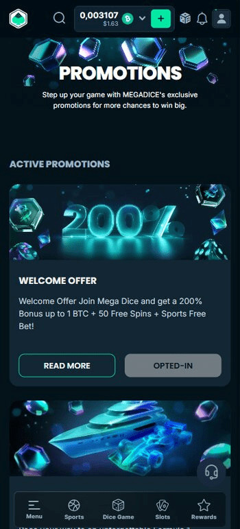 Megadice Bitcoin Cash promotions screenshot