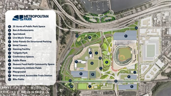 Cohen’s Queens Casino Bid Calms USTA Tensions as NY Regulators Enter Final Stretch Map rendering of the proposed Metropolitan Park casino and entertainment development near Citi Field.