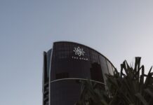 Glass tower building at dusk with a clear sky above