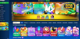 MyPrize online lobby interface showing casino-style sweepstakes games such as Keno, Plinko, Roulette, and Blackjack
