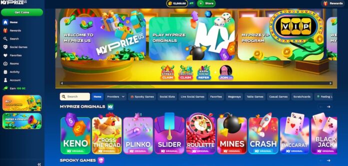 MyPrize online lobby interface showing casino-style sweepstakes games such as Keno, Plinko, Roulette, and Blackjack