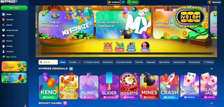 MyPrize online lobby interface showing casino-style sweepstakes games such as Keno, Plinko, Roulette, and Blackjack