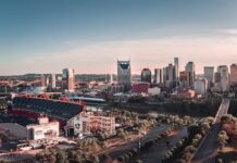 Nashville skyline with Nissan Stadium at sunset.