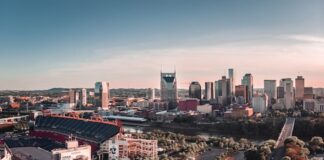 Nashville skyline with Nissan Stadium at sunset.
