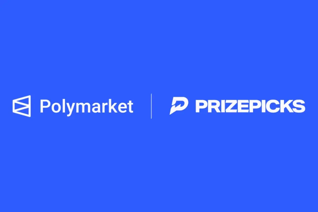 Polymarket and PrizePicks logos displayed side by side on a blue background.