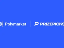 Polymarket and PrizePicks logos displayed side by side on a blue background.