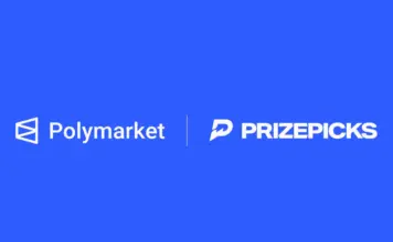 Polymarket and PrizePicks logos displayed side by side on a blue background.