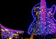 Florida Judge Dismisses Challenge to Seminole Tribe’s Sports Betting Compact Seminole Hard Rock Hotel & Casino guitar-shaped tower illuminated at night in Florida