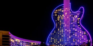 Florida Judge Dismisses Challenge to Seminole Tribe’s Sports Betting Compact Seminole Hard Rock Hotel & Casino guitar-shaped tower illuminated at night in Florida