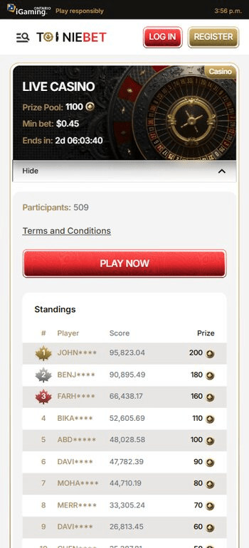 tooniebet live casino tournament