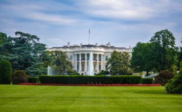 White House view from the south lawn with fountains and greenery