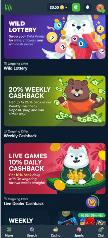Wild.io Bitcoin Cash casinos cashback offer