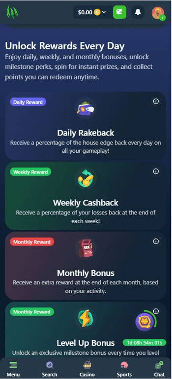 Rewards at Wild.io Bitcoin Cash casino