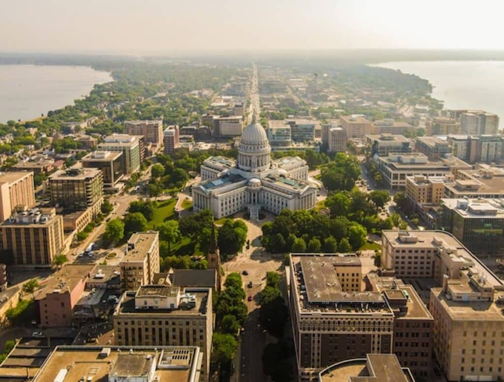 Aerial view of the Wisconsin State Capitol in Madison.