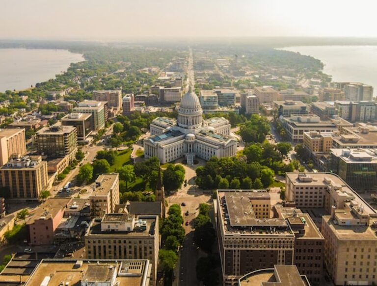 Aerial view of the Wisconsin State Capitol in Madison.