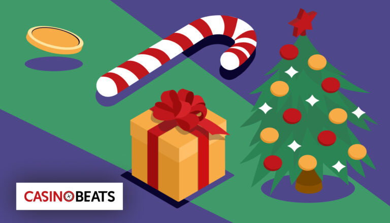 Festive slot-themed icons including a candy cane, gift box, coins, and a decorated Christmas tree
