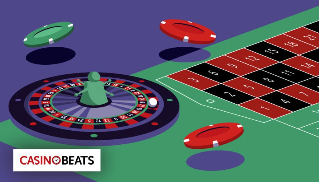 Illustration of a roulette table with a spinning wheel, green and red poker chips, and the CasinoBeats logo. The scene conveys excitement and chance