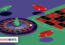 Are Casino Table Games Making a Comeback? Illustration of a roulette table with a spinning wheel, green and red poker chips, and the CasinoBeats logo. The scene conveys excitement and chance