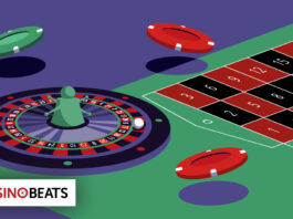 Are Casino Table Games Making a Comeback? Illustration of a roulette table with a spinning wheel, green and red poker chips, and the CasinoBeats logo. The scene conveys excitement and chance